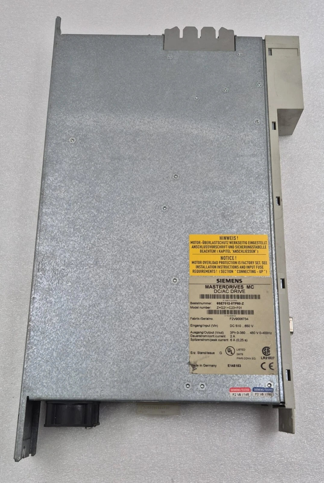 SIEMENS MASTERDRIVES MC DC/AC DRIVE 6SE7012-0TP50-Z Z=G21+C23+F01 Freq. Inverter