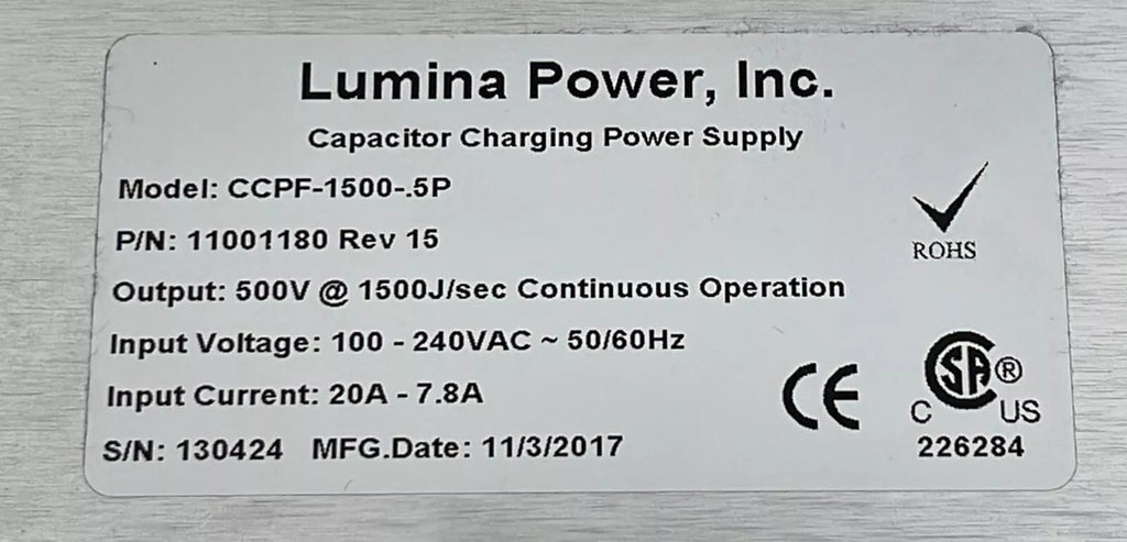 Lumina Power CCPF-1500-.5P 11001180 Capacitor Charging Power Supply 500V 1500J