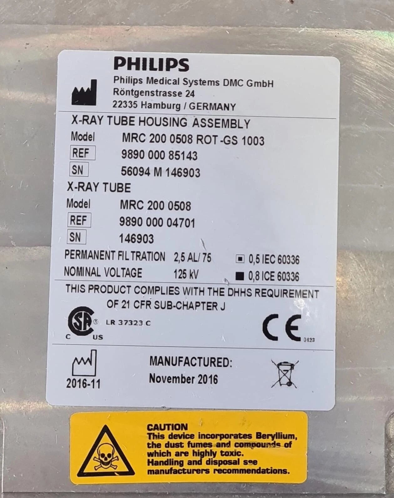 Philips tube housing identification label close-up